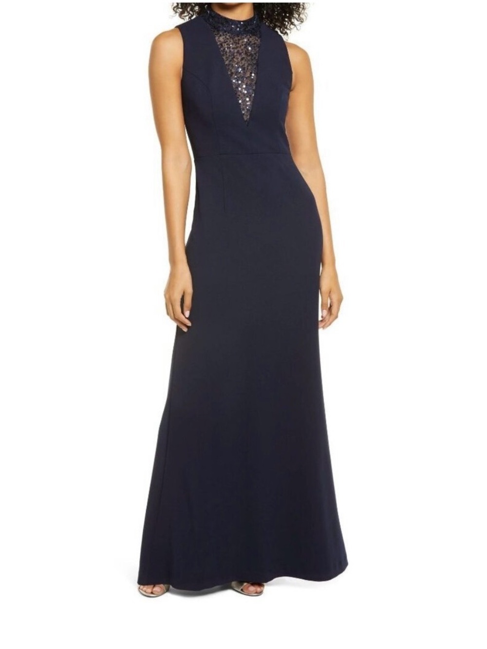 Vince Camuto Navy Sequin Illusion Yoke Maxi Dress